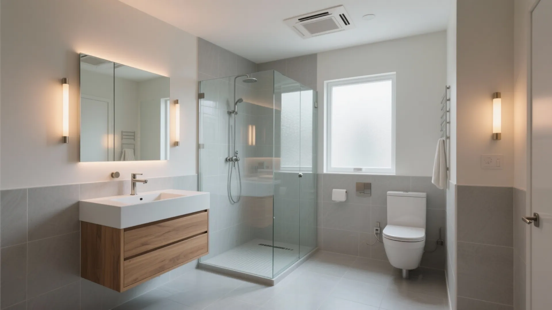 Modern bathroom with wood vanity glass shower white toilet and bright wall lights on sides