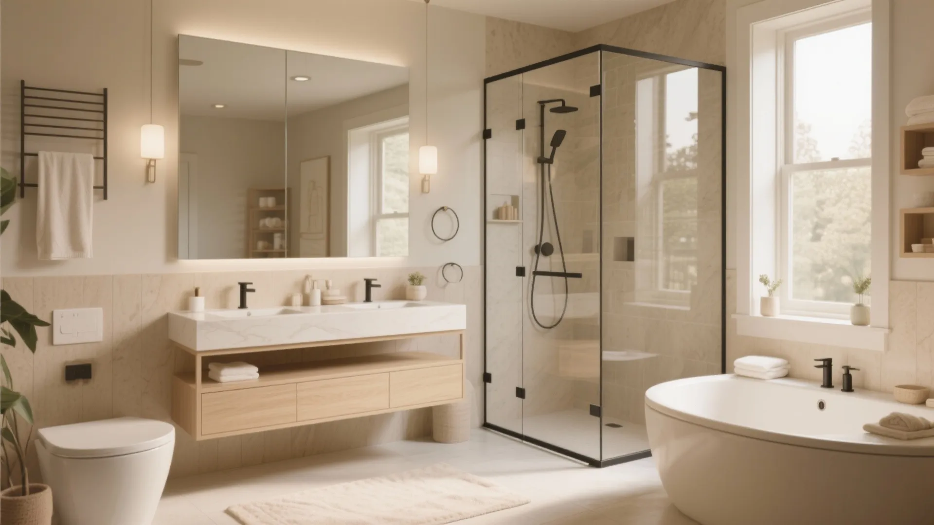 Modern bathroom featuring double sinks wooden cabinet glass shower enclosure white bathtub and neutral wall tiles