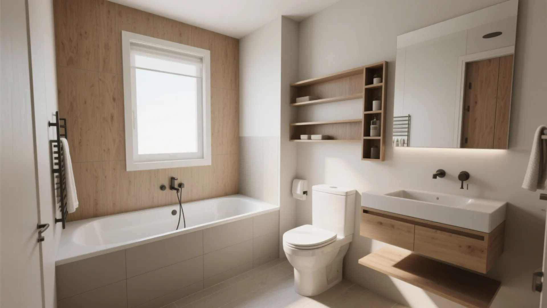 Modern bathroom with wood wall panel white bathtub toilet floating sink and wooden wall storage shelves