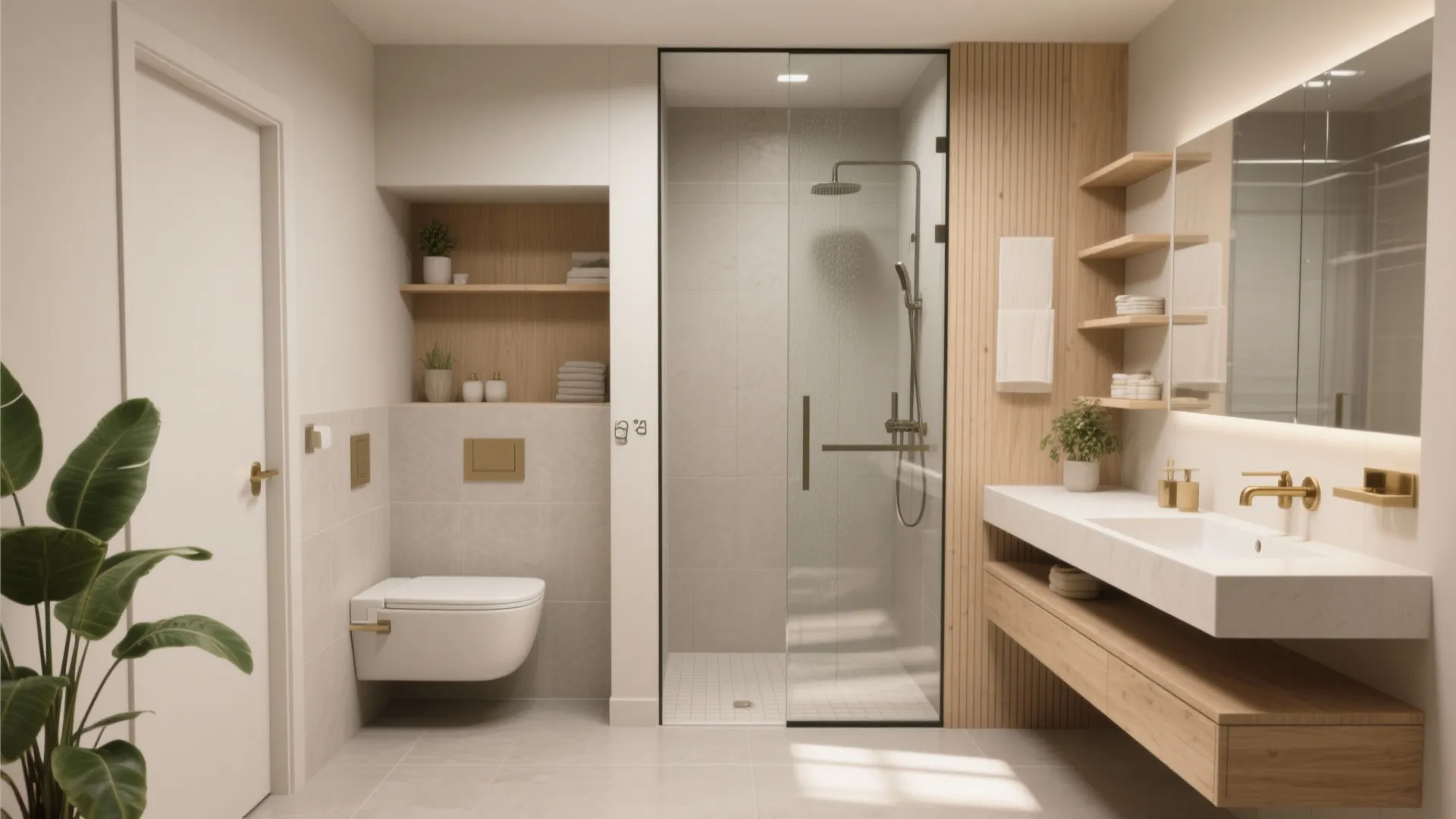 Minimalist bathroom design with floating wood sink cabinet and wall toilet and glass shower door