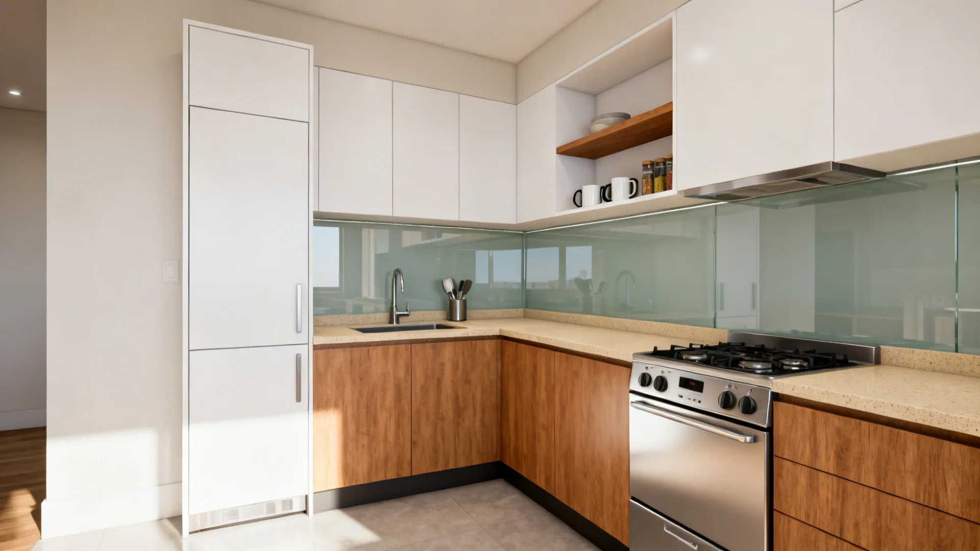 Modern kitchen interior design with white upper cabinets wood base units stove and natural light
