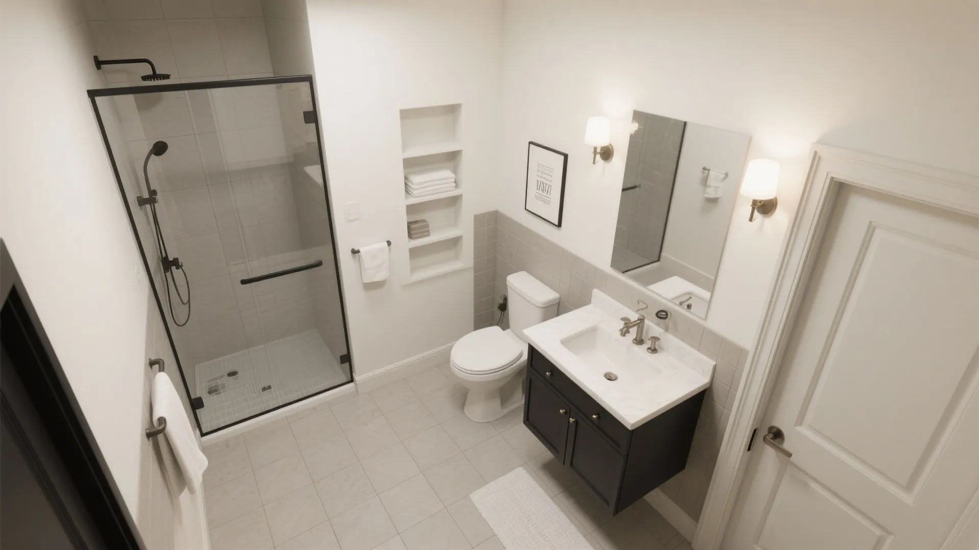Top view of small bathroom layout with glass shower door white toilet and black cabinet