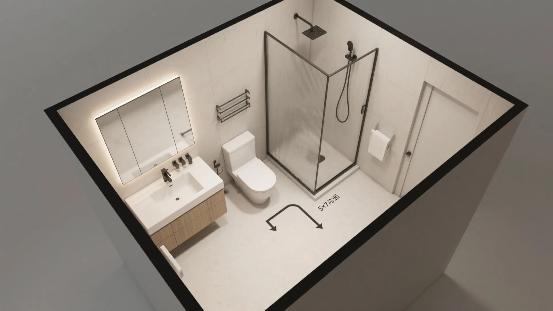 Small bathroom layout with white toilet wood cabinet glass shower and black faucet design drawing