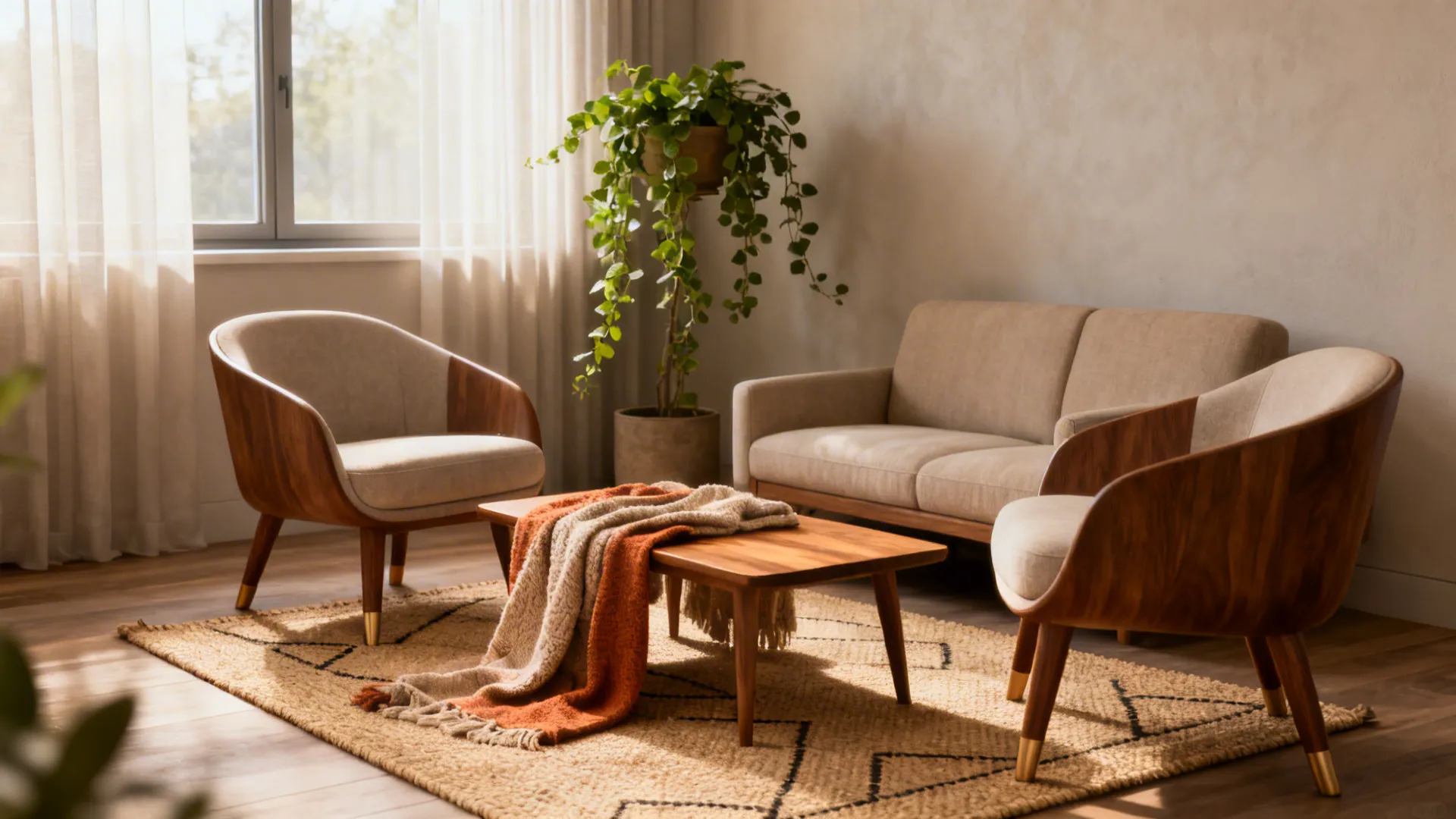 Warm living room with wooden chairs, beige sofa, coffee table, patterned rug and a plant