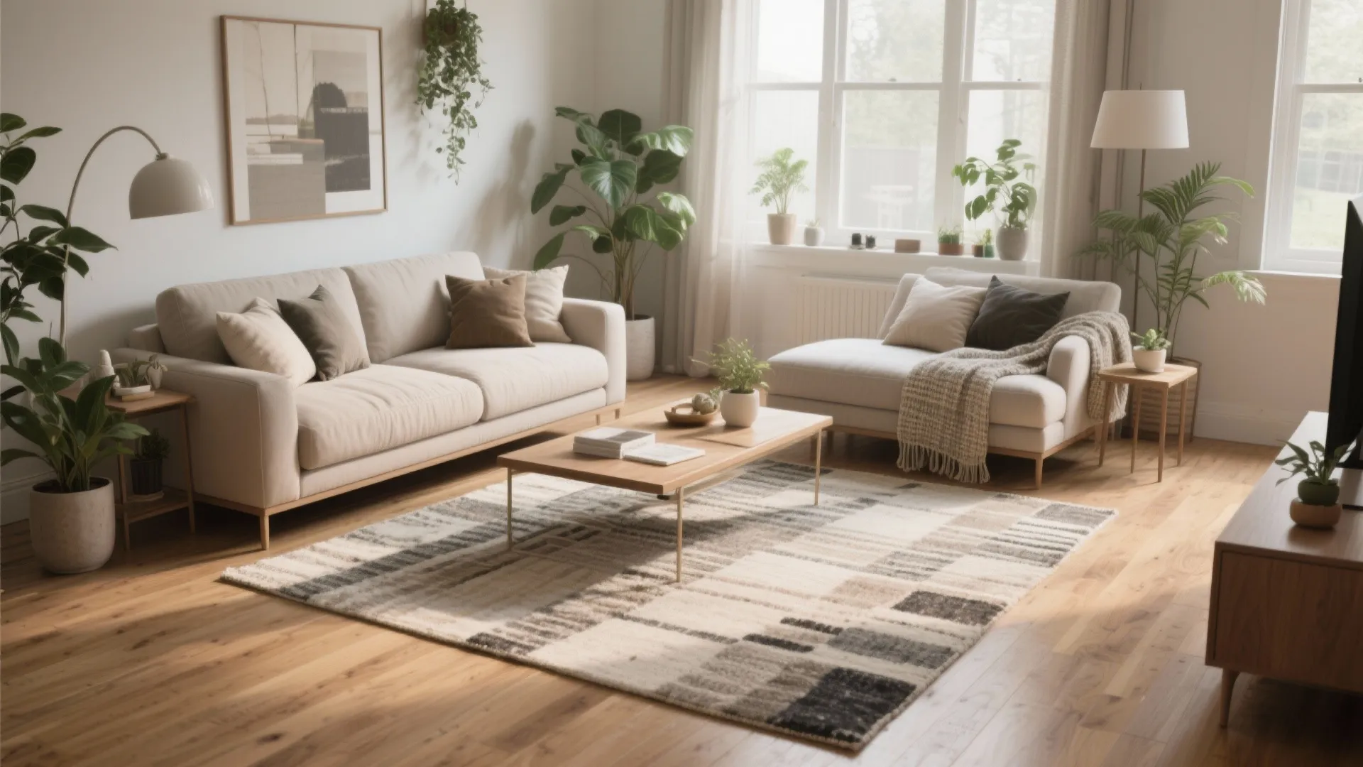 Bright living room featuring light beige sofa wood coffee table patterned rug and many green plants