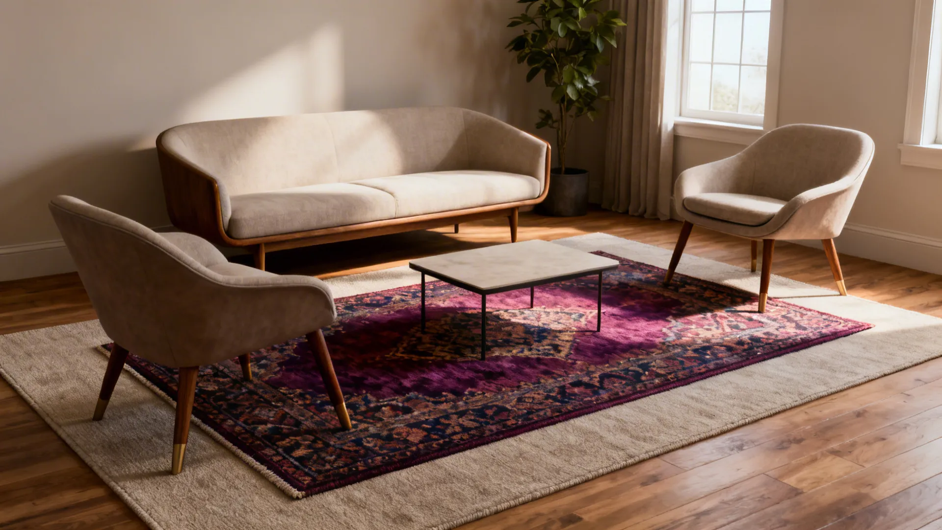 Modern living room featuring beige sofa two chairs coffee table and purple patterned rug on wood