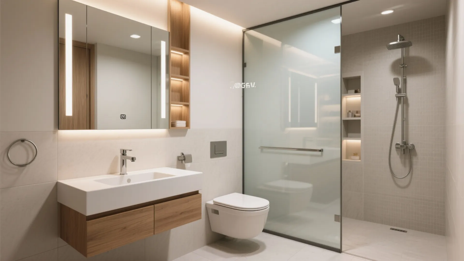 Small modern bathroom with floating wooden sink white toilet glass shower screen and bright light fixtures