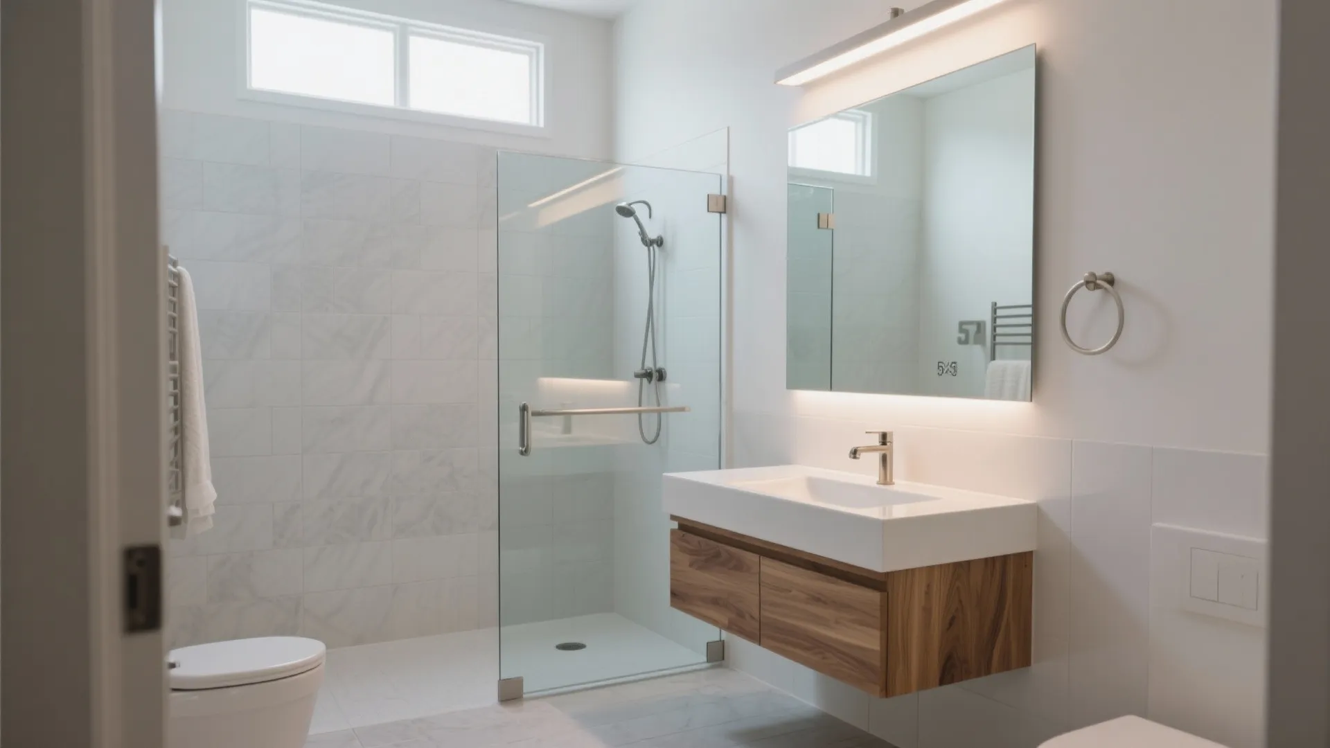 Modern white bathroom featuring glass shower door wooden sink cabinet large mirror and white tiled walls