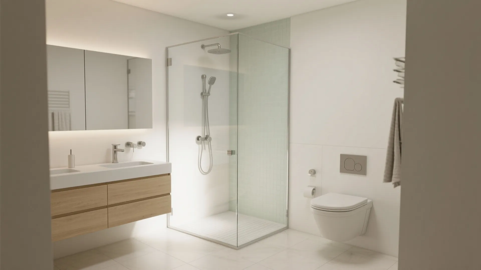 Modern bathroom with wooden cabinet white sinks glass shower stall and wall mounted white toilet
