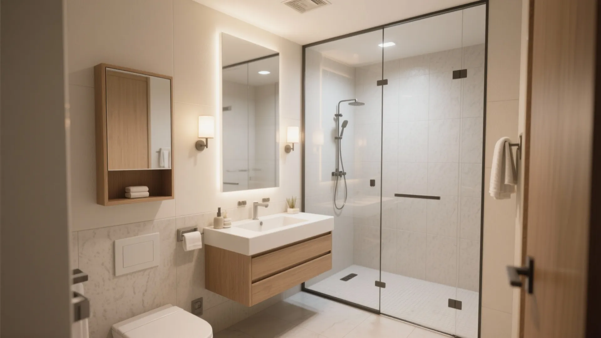 Modern bathroom with wooden cabinet sink lighted mirror glass shower door white toilet and wall lights