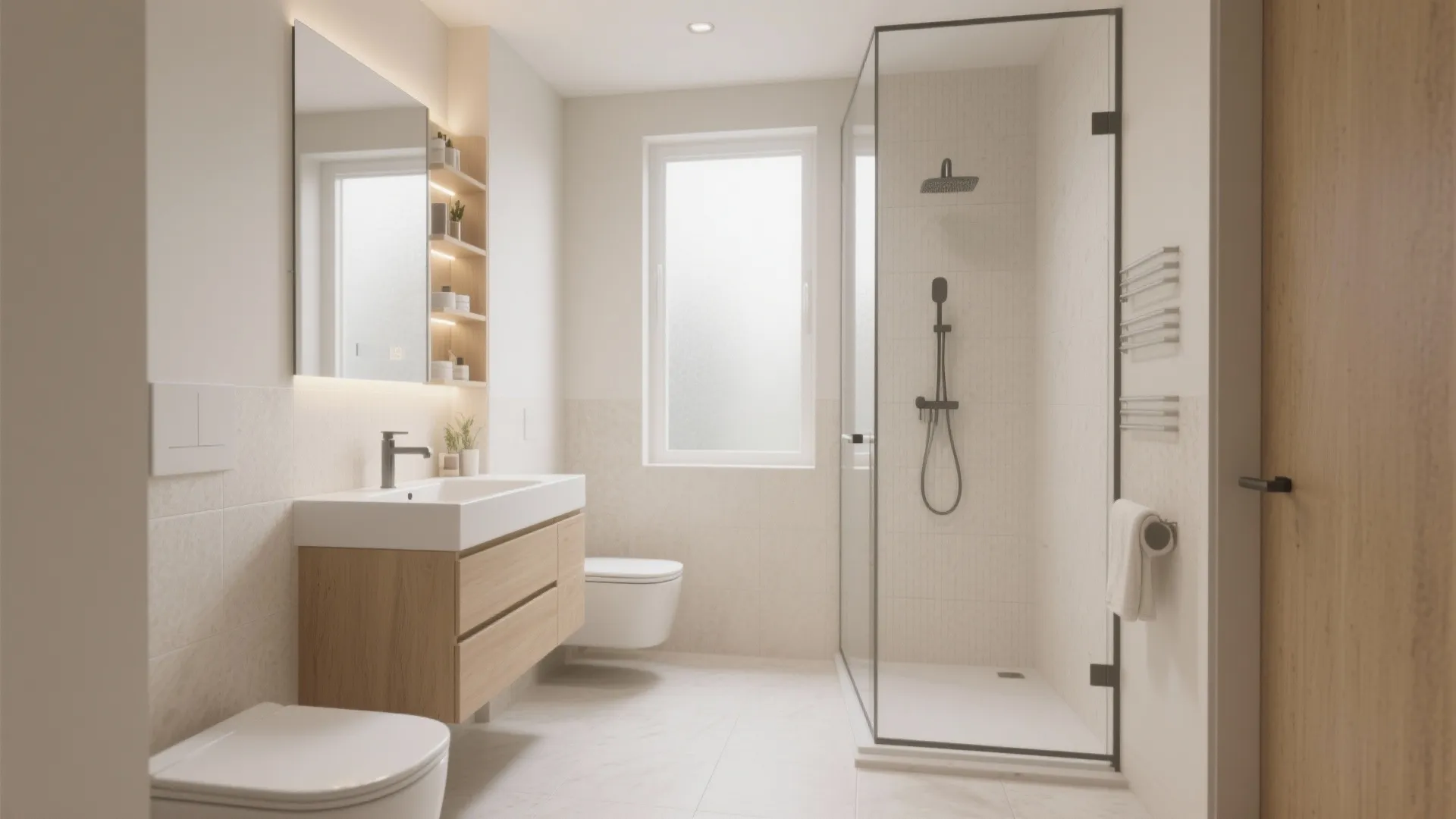 Modern bathroom with glass shower door wooden cabinet white sink toilet and bright window natural light
