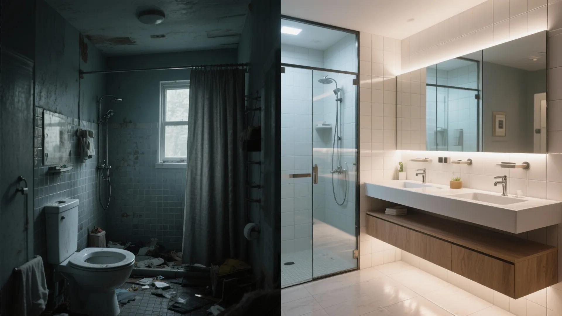 Side by side comparison of a messy old bathroom and a clean modern bathroom with lights