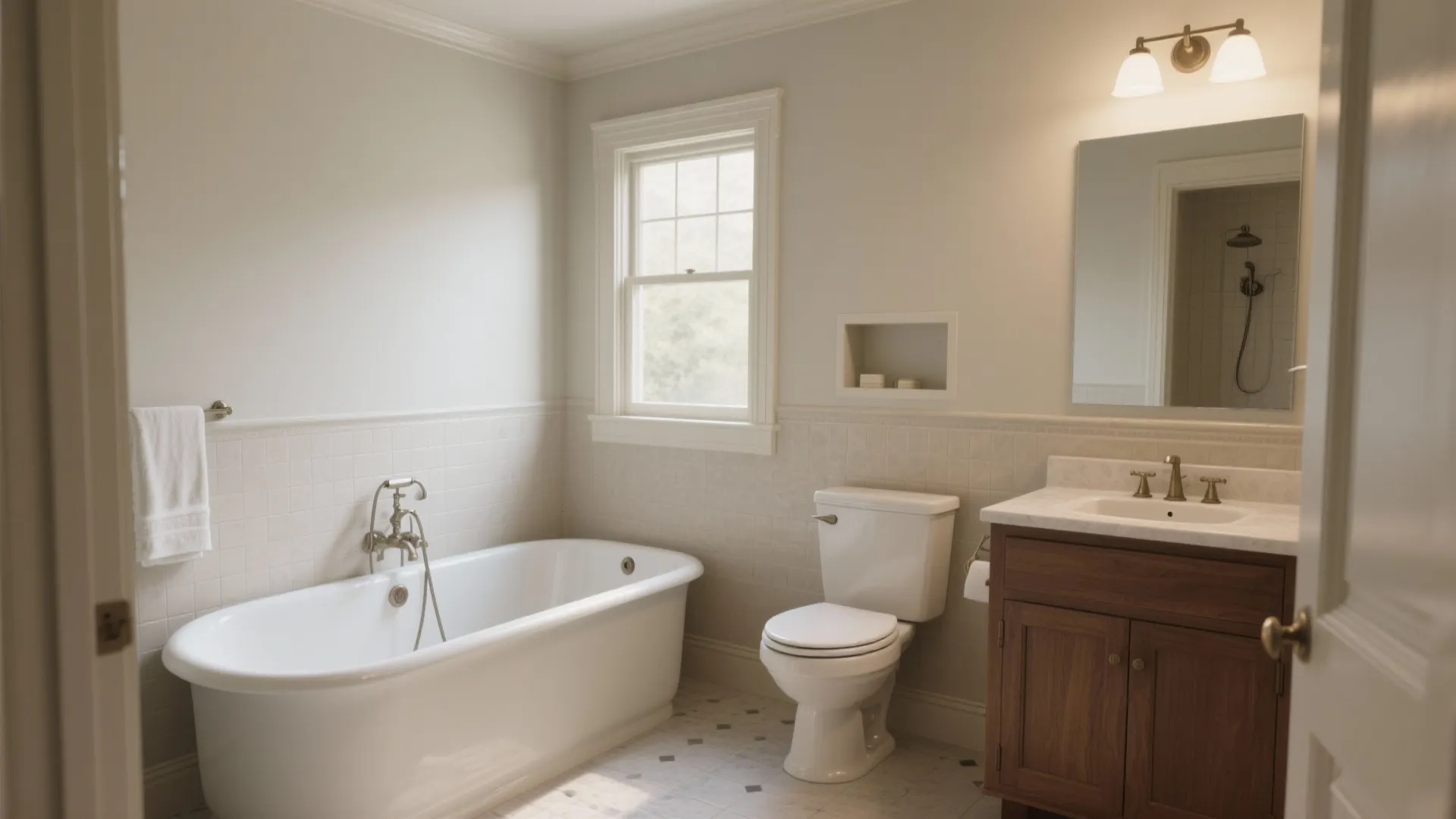 Classic bathroom interior design with white bathtub toilet wooden cabinet large mirror and wall light fixture