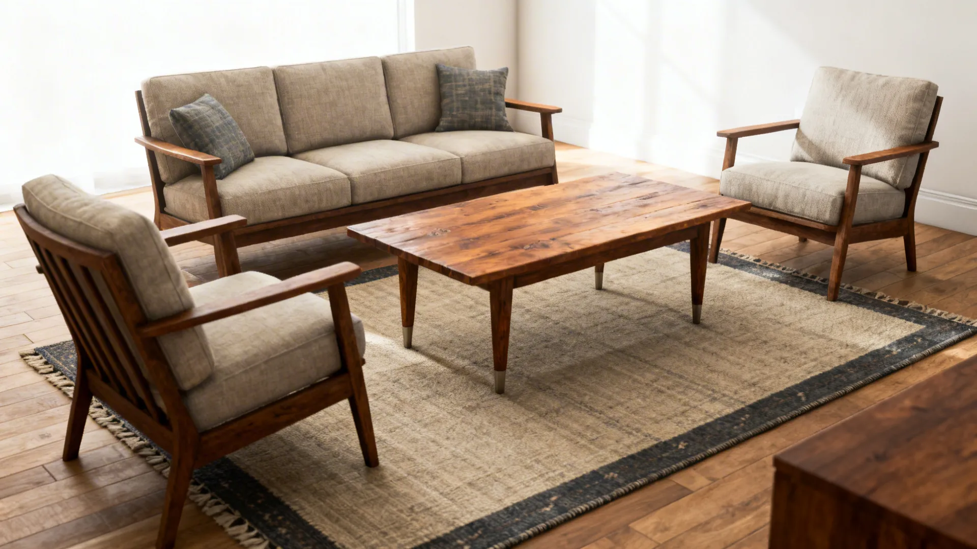 Modern living room furniture set including sofa two chairs wooden coffee table and large textured rug