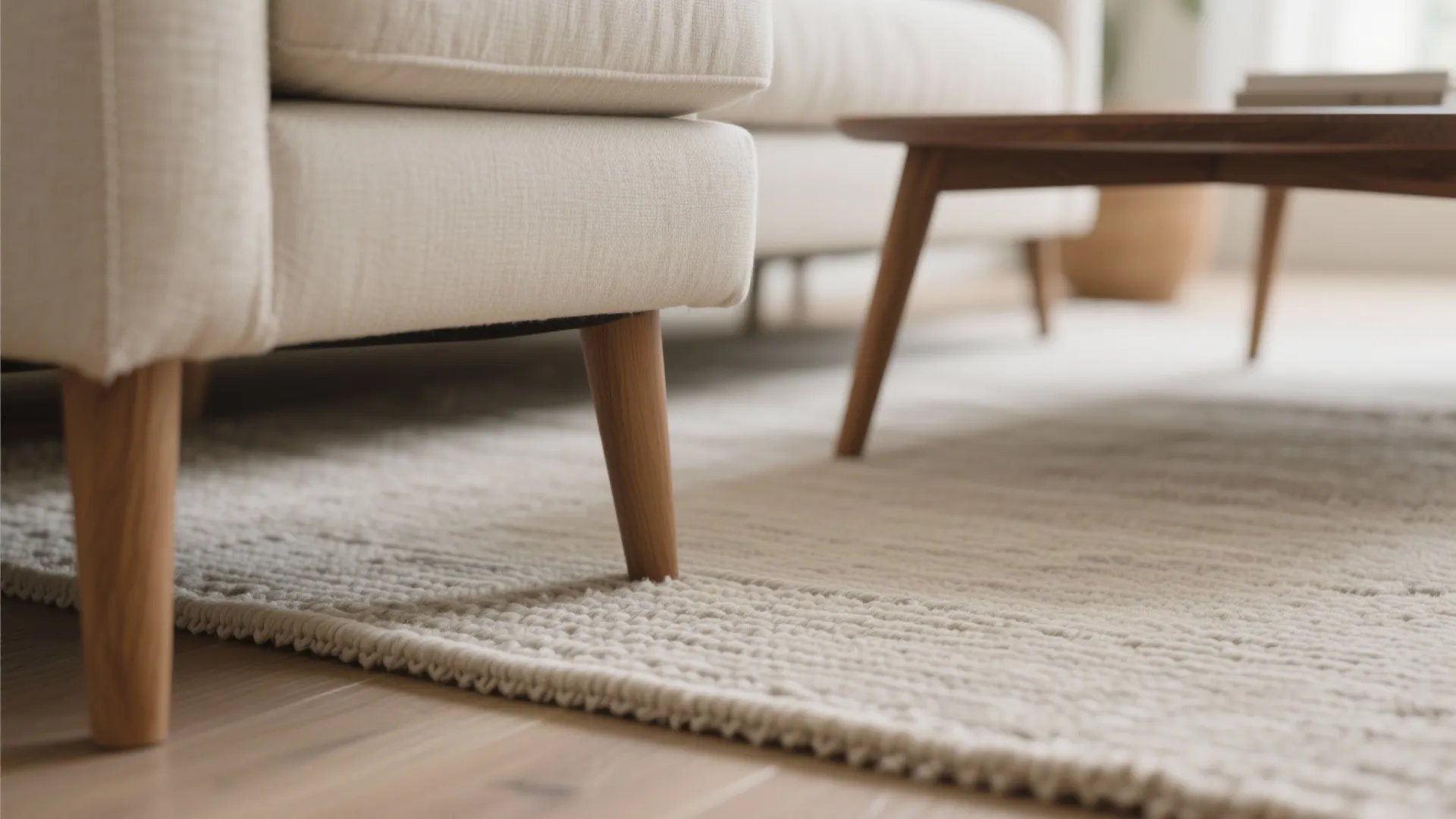 Macro detail of a flatweave rug edge under sofa front legs showing precise proportions.