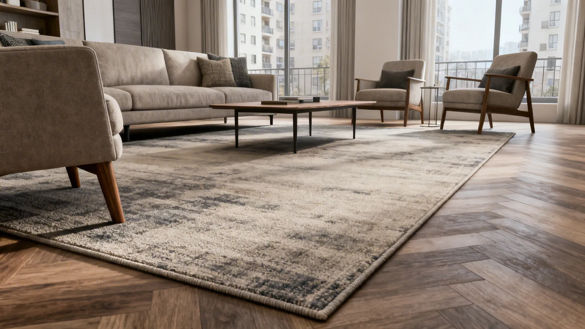 City apartment living room with a 5x8 rug anchoring front legs of sofa and chairs and clear circulation.