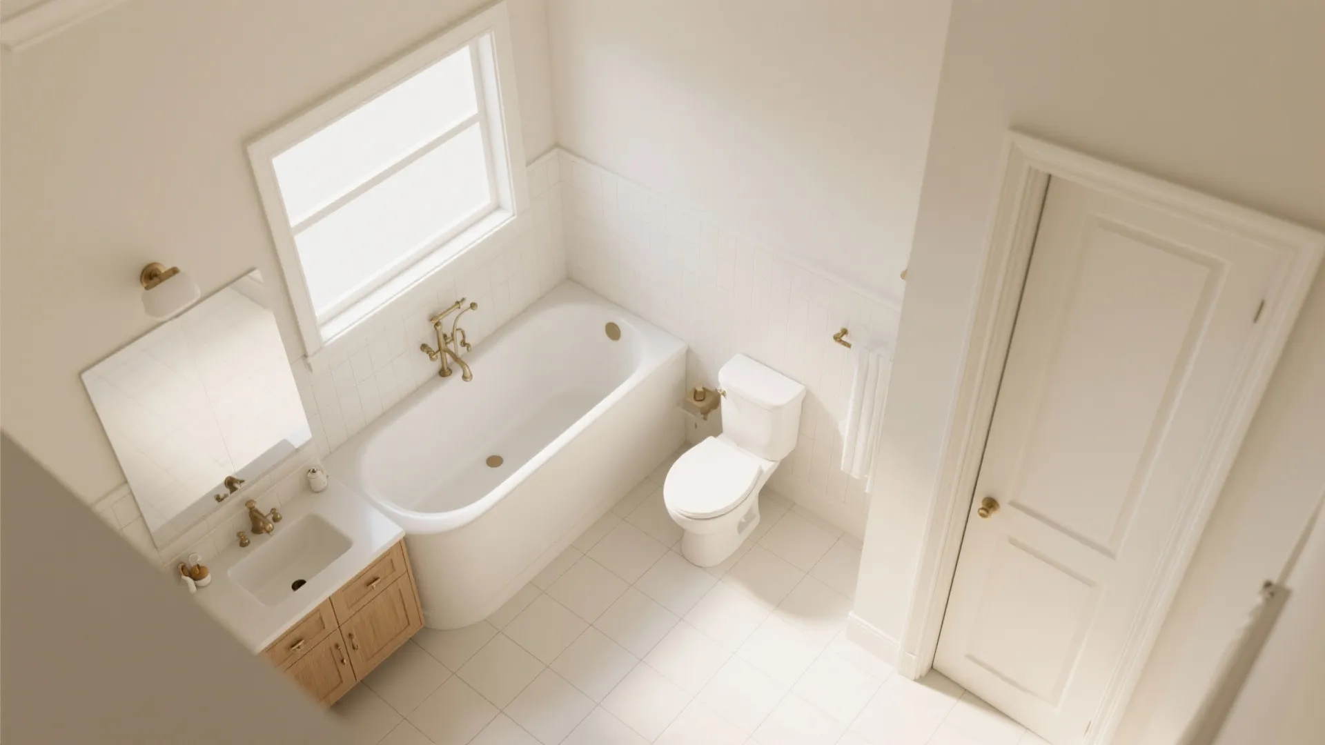 Top view of a small white bathroom with bathtub, toilet, sink cabinet, and wall window