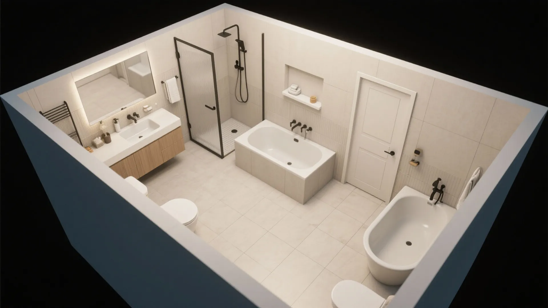 Top-down mockup showing multiple 5x8 bathroom layout options and plumbing alignment.