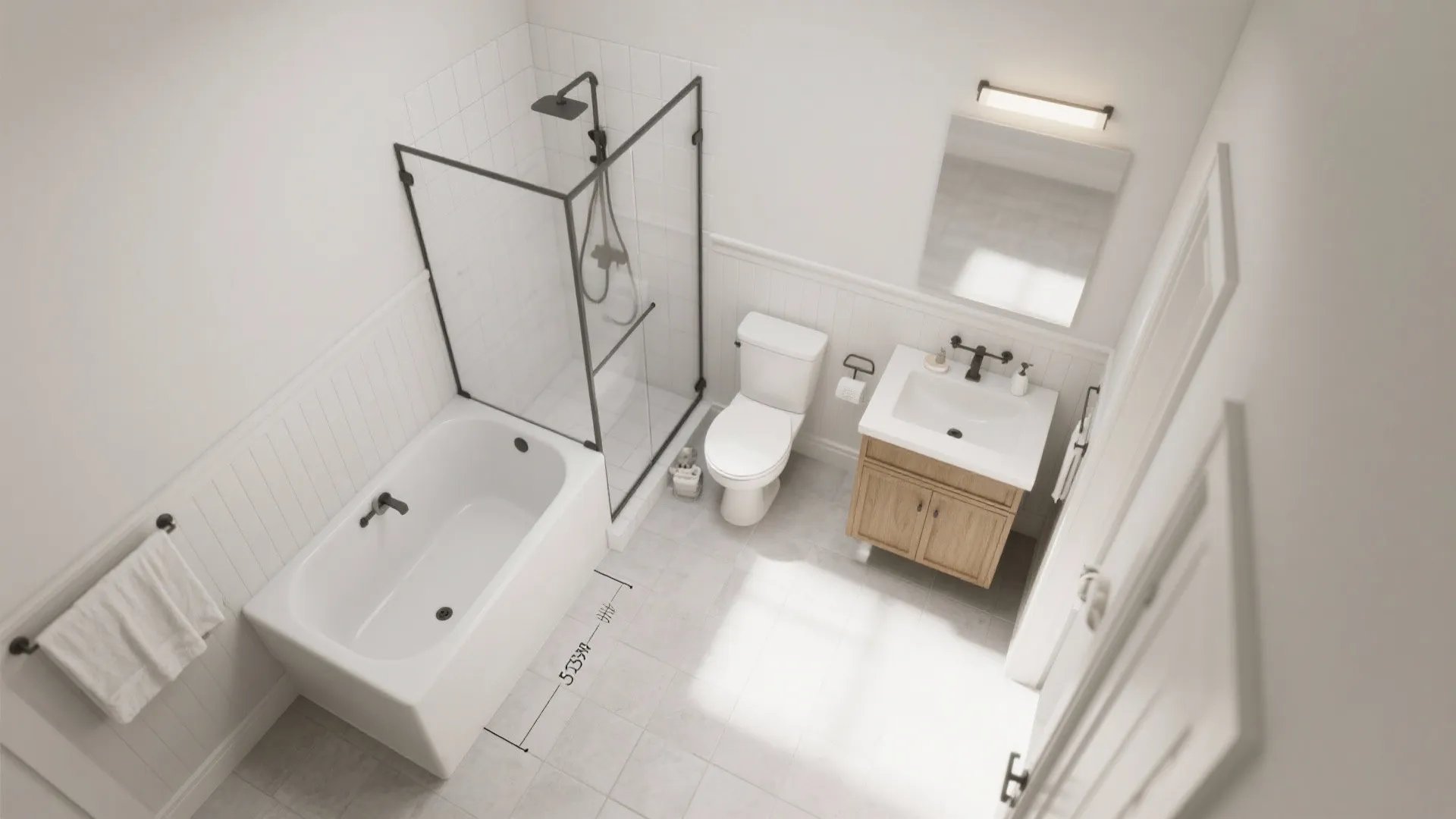 Modern white bathroom interior design drawing with bathtub glass shower toilet sink and wooden cabinet