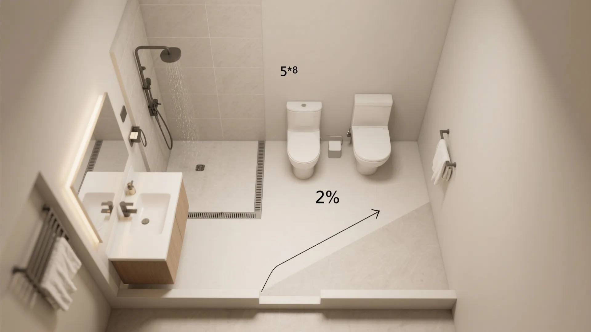 Top view interior design drawing of modern bathroom showing shower area two toilets and sink cabinet