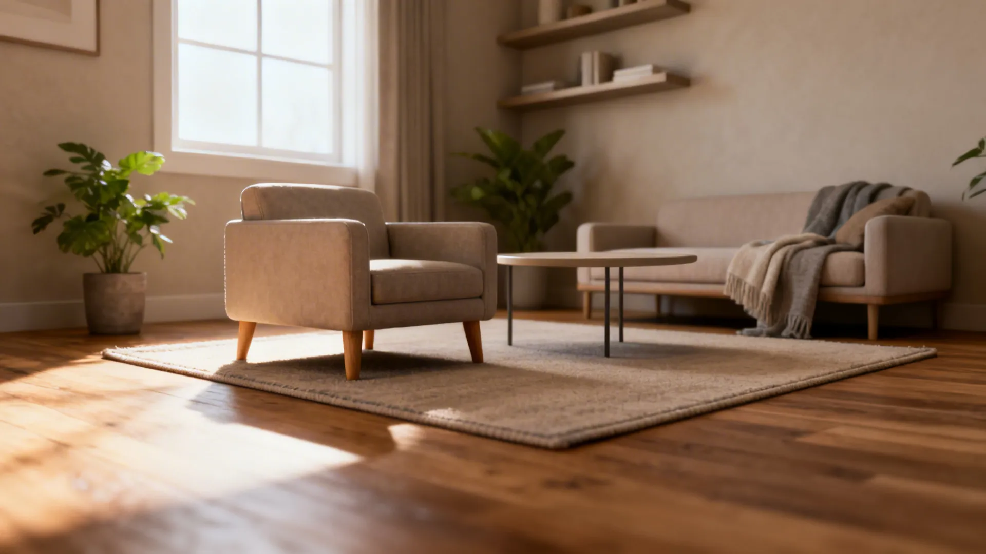 Modern living room featuring armchair and coffee table on gray rug with bright natural light