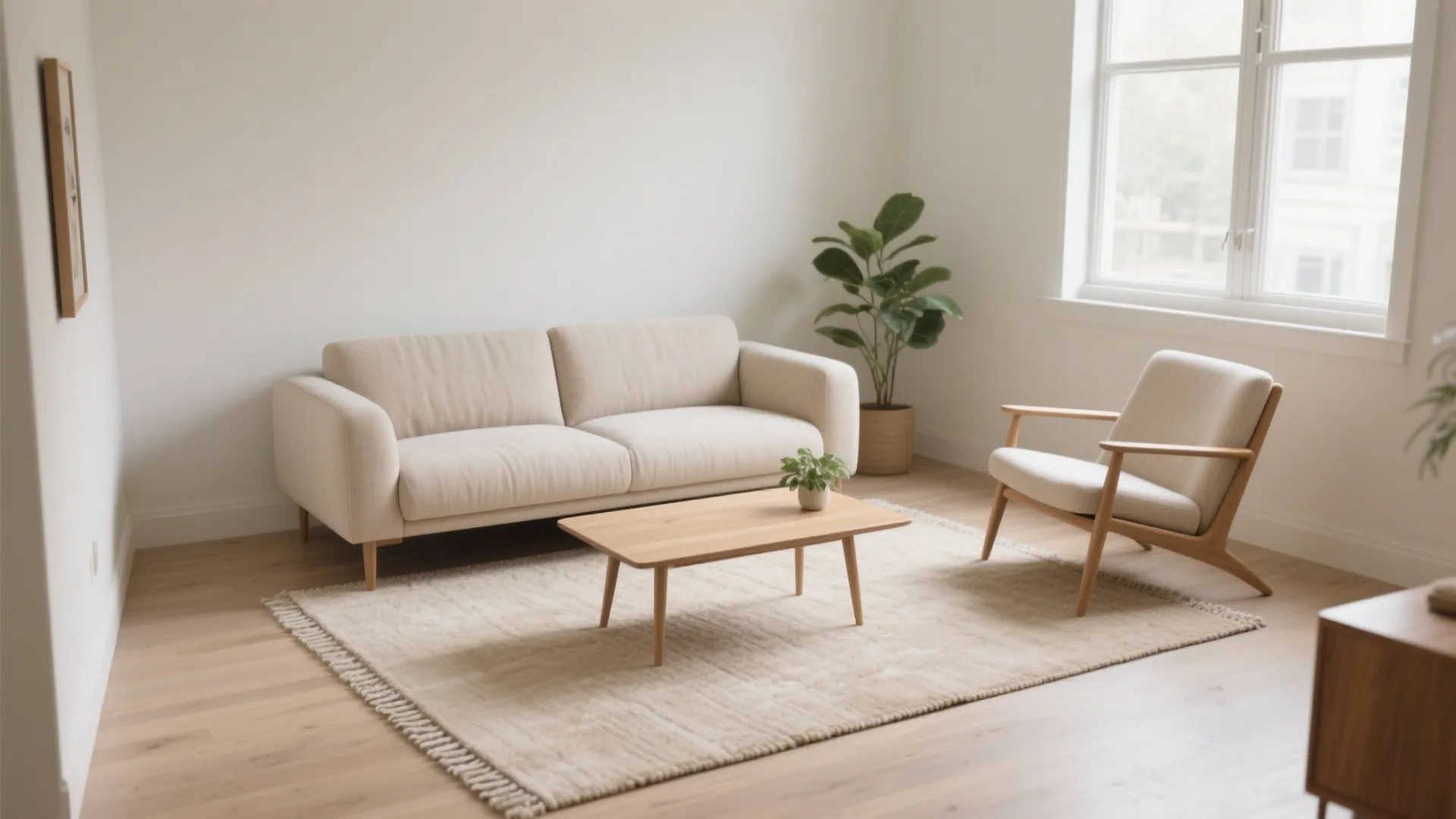 A 5x8 rug anchors a small living room with a two-seater sofa and lounge chair, leaving clear pathways.