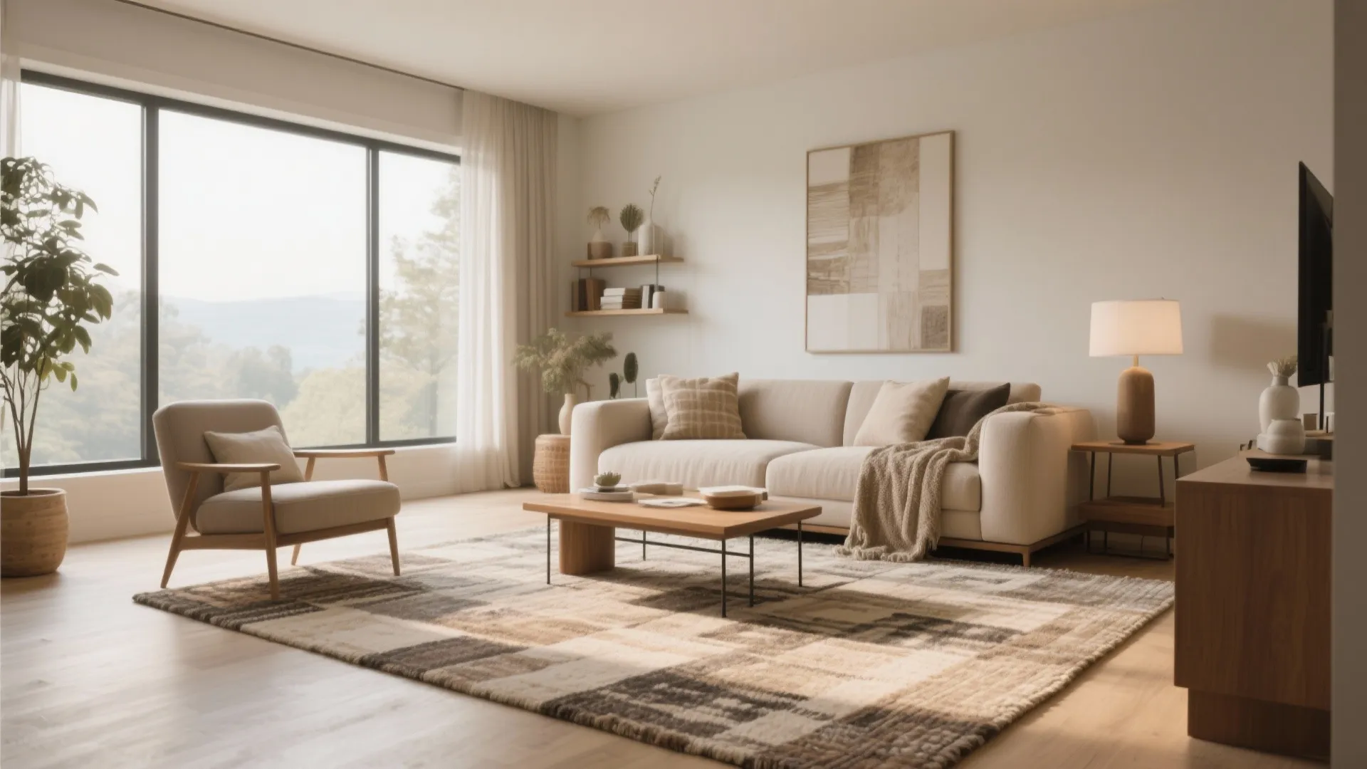 Modern living room with beige sofa and armchair on large brown and tan patterned rug