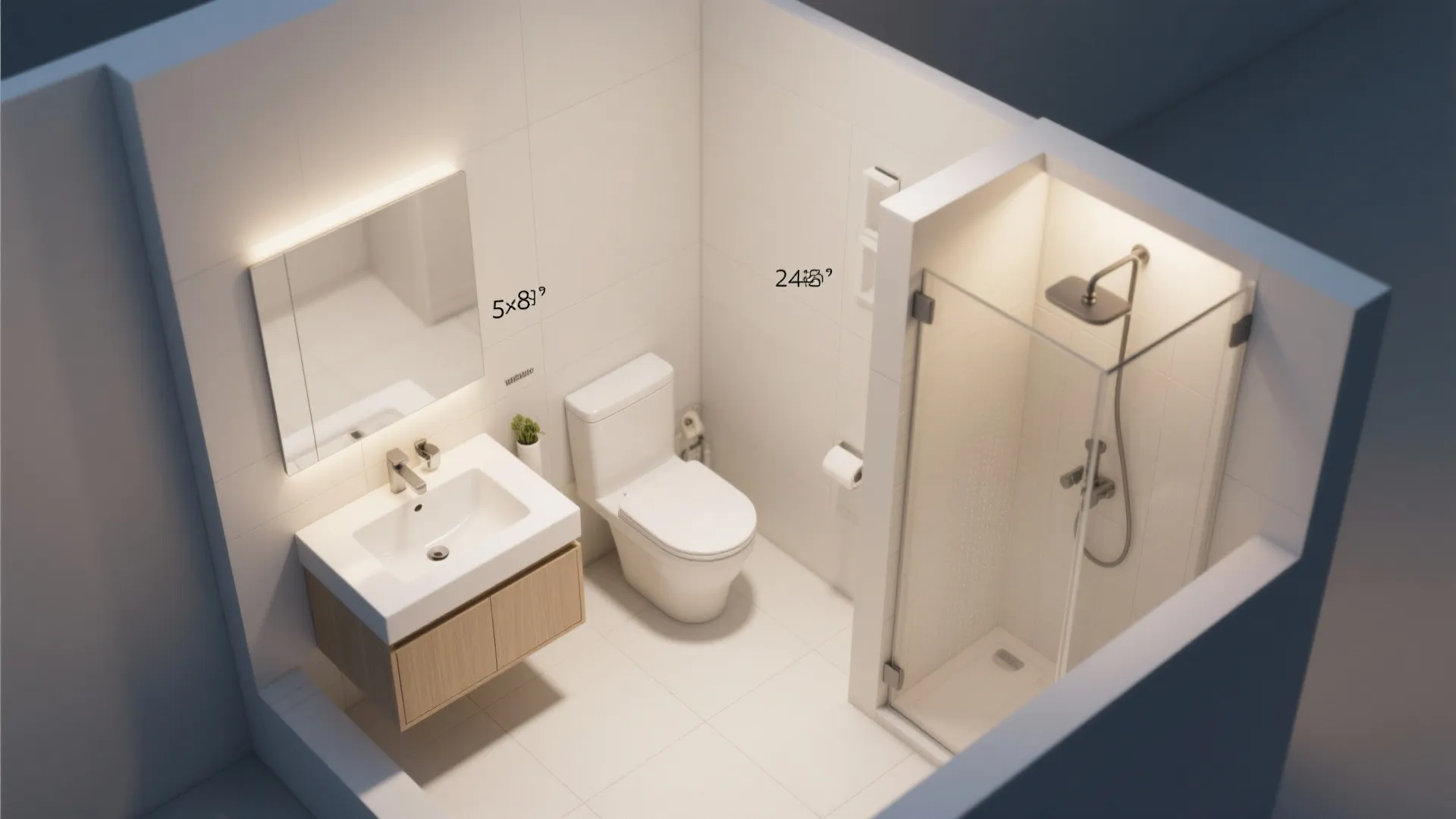 Small bathroom layout with white toilet white sink wooden cabinet and glass door shower stall