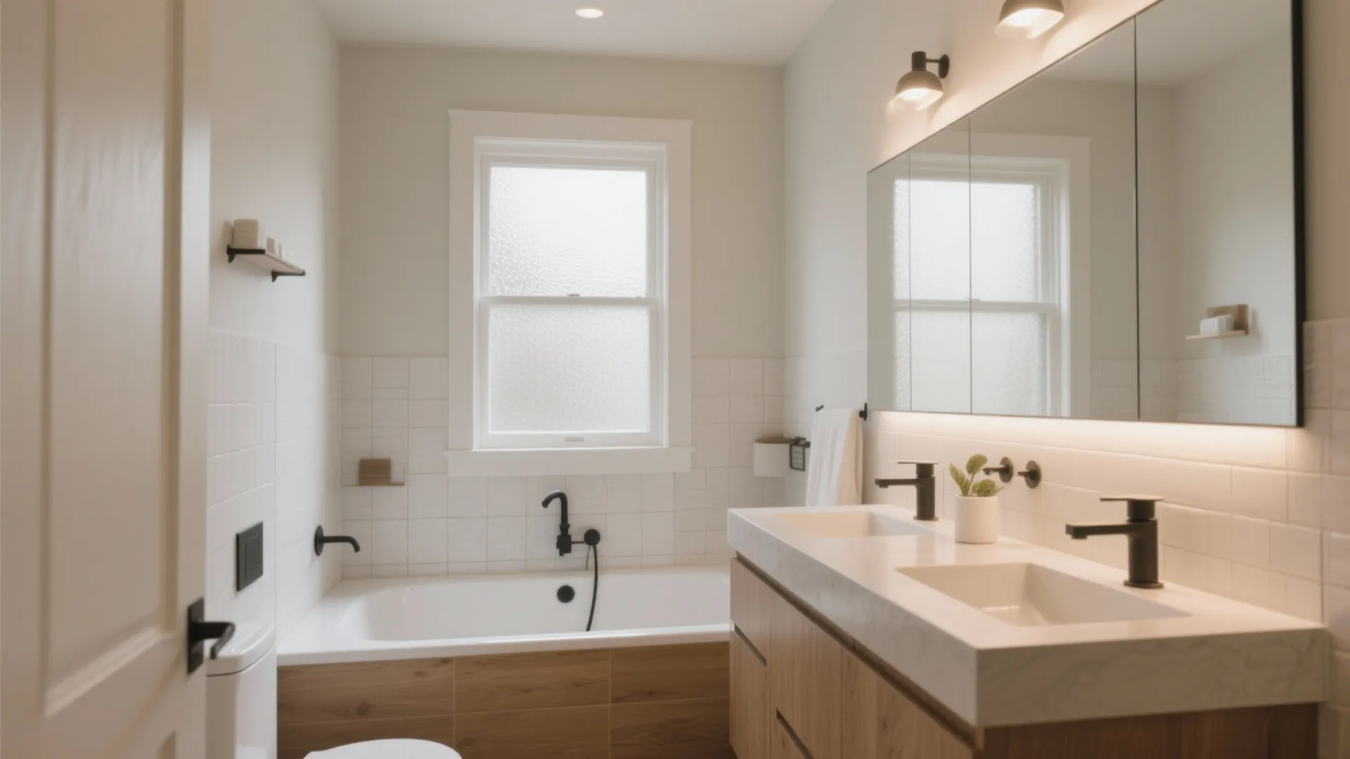 Modern bathroom with double sink cabinet large mirror white bathtub wooden floor and wall light