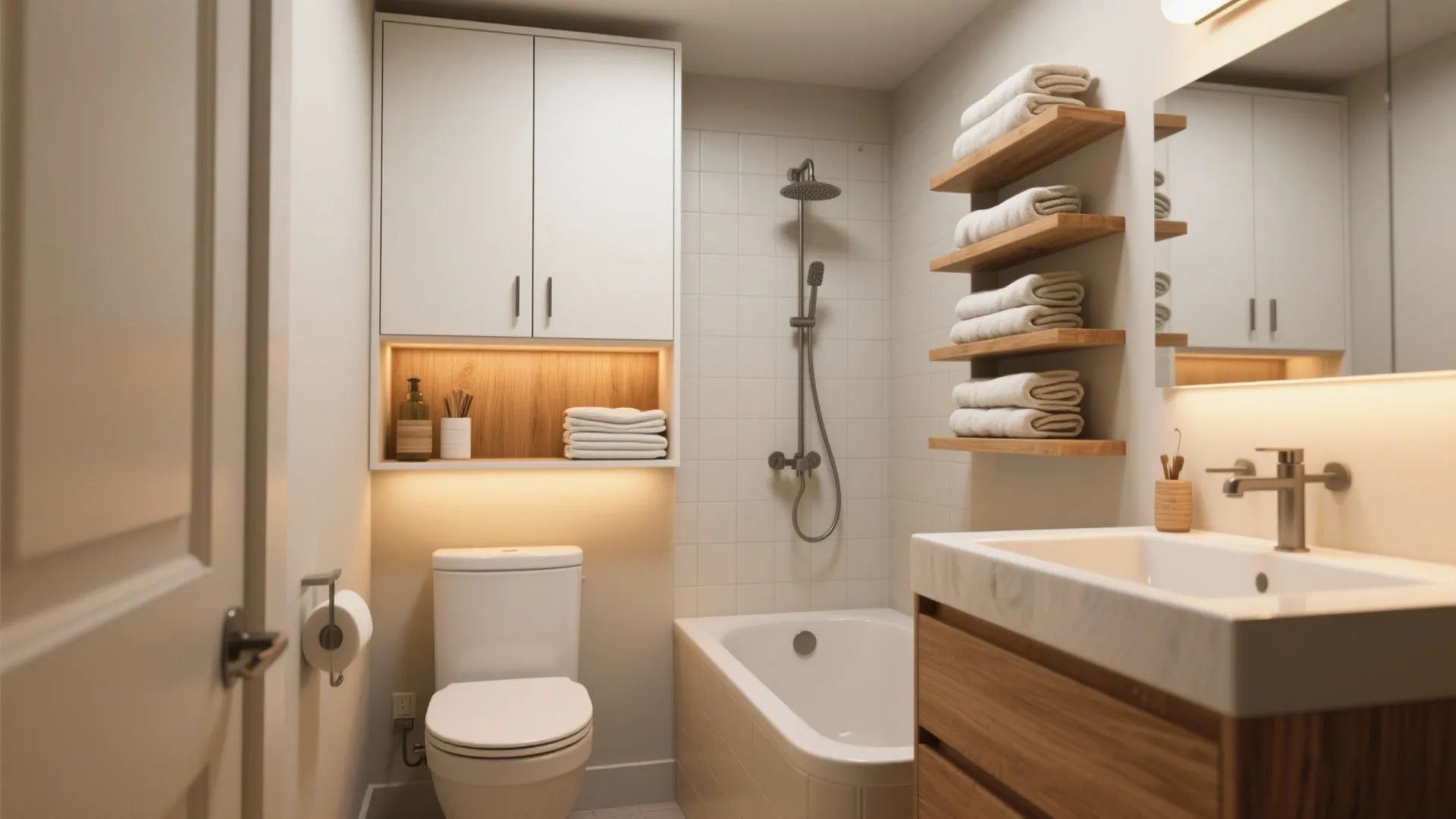 Bathroom storage design with white cabinet above toilet wooden wall shelves and wood sink vanity