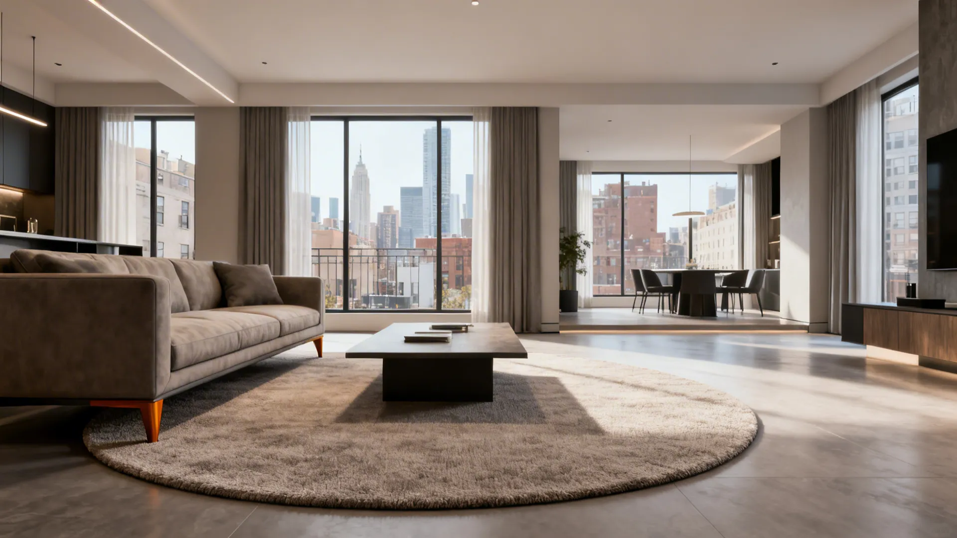 Apartment living area anchored by a 6–8 foot round rug under a sofa and coffee table.