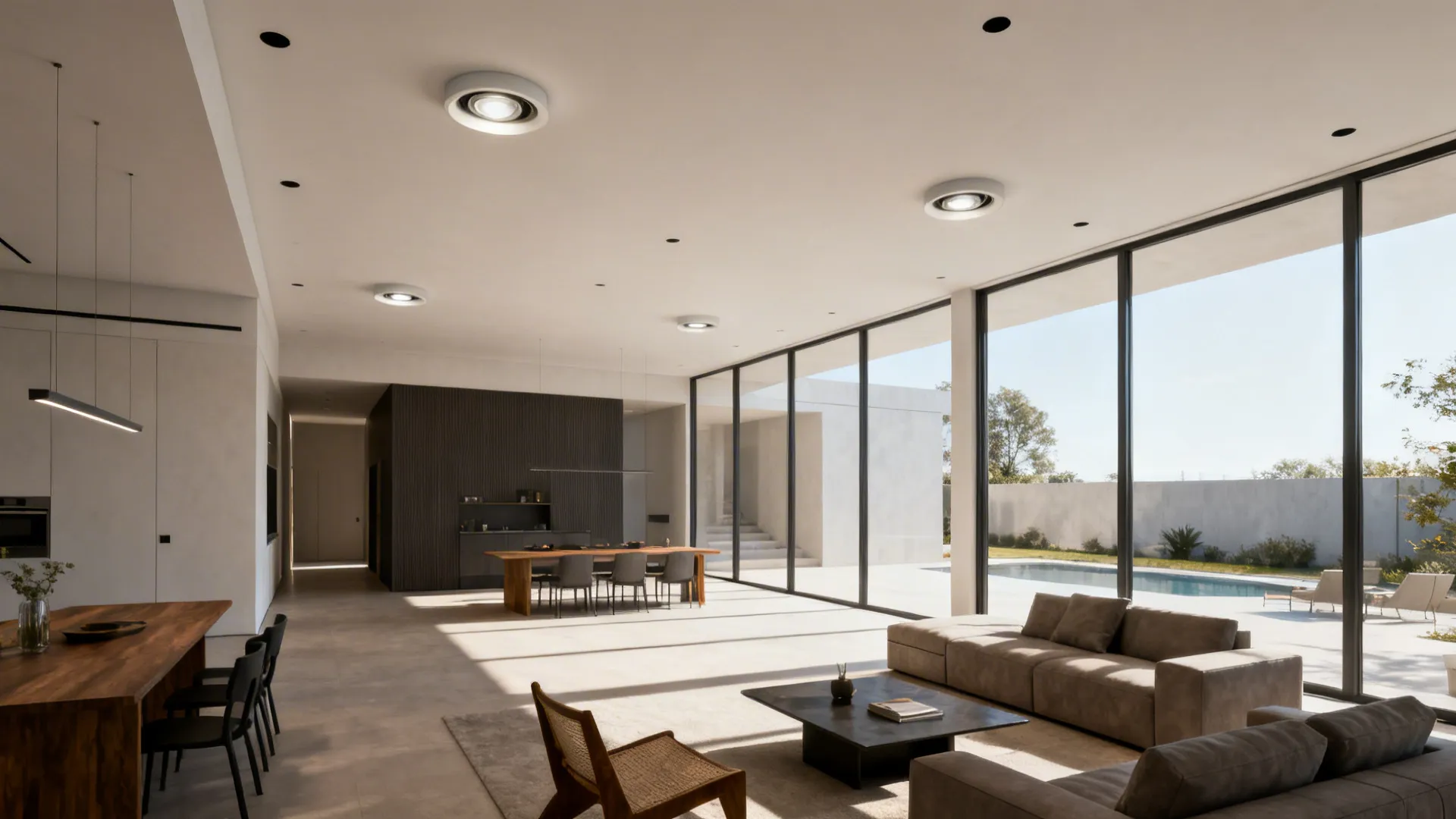 High-ceiling living space using a few 6-inch recessed cans to light the room with fewer fixtures.