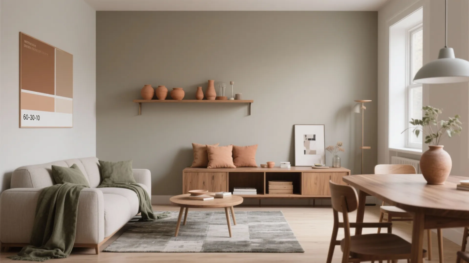 Neutral living room with grey sofa wooden coffee table dining area and natural light from windows