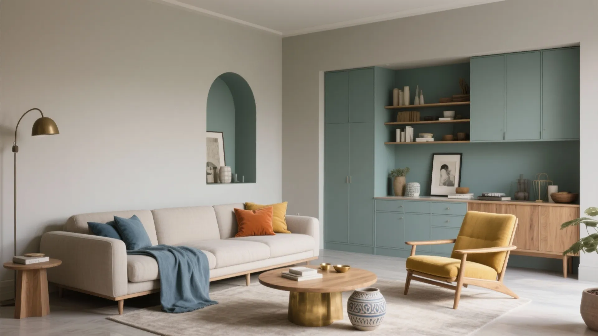 Warm Neutrals + Bold Accent (the 60-30-10 rule)