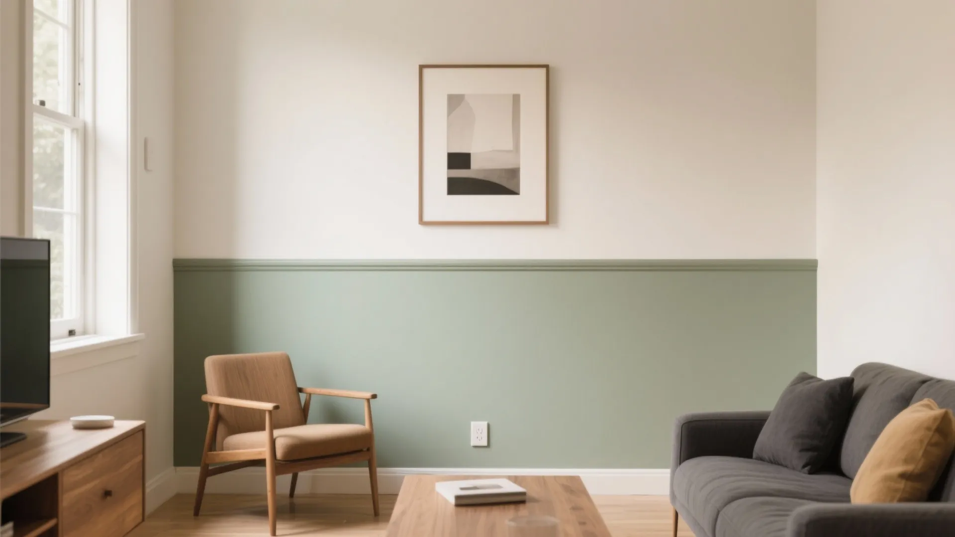 Living room showing green wall panel with wooden chair and grey sofa and wooden table