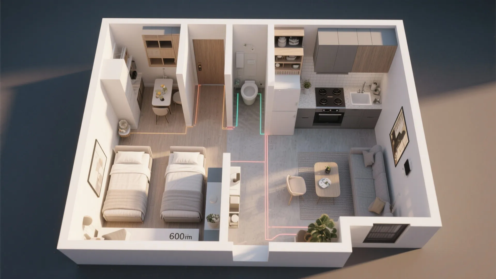 Top-down 3D floor plan of a 600 sq ft two-bedroom showing zones and circulation