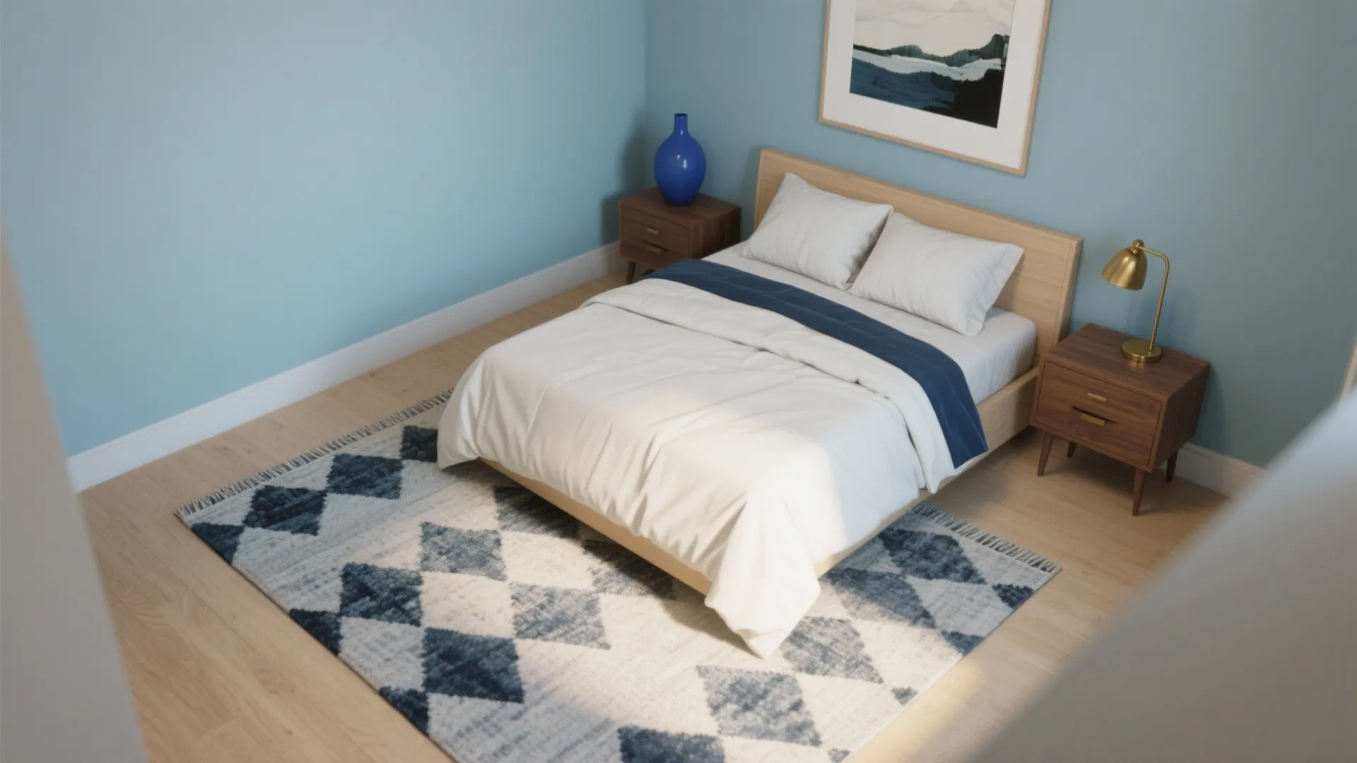 Modern blue bedroom featuring wood bed frame with white bedding plus patterned rug and bedside tables