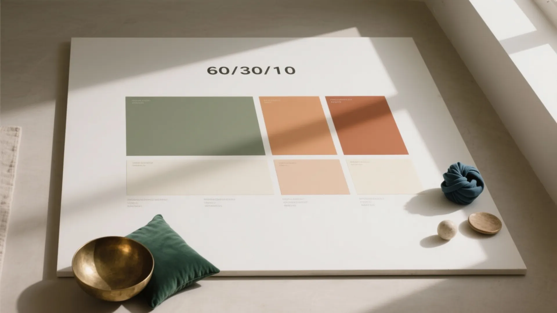 Color palette board showing six different paint colors with green pillow and brass bowl nearby