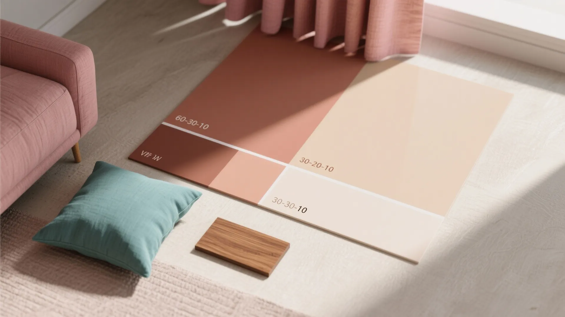 Interior design color cards on floor with pink sofa blue cushion wood sample and sunlight