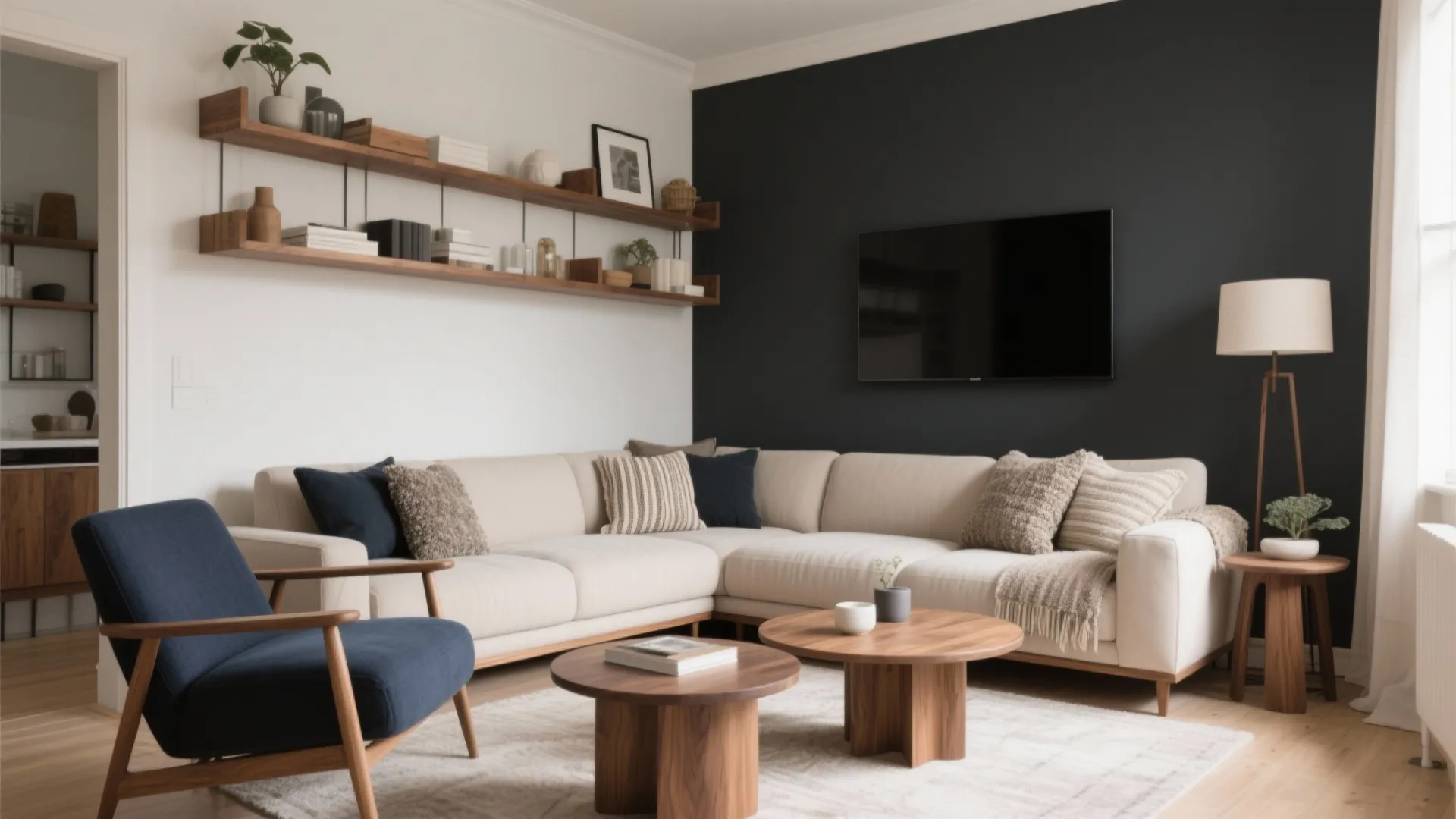 Modern living room with cream sofa blue armchair black wall television and wooden coffee tables