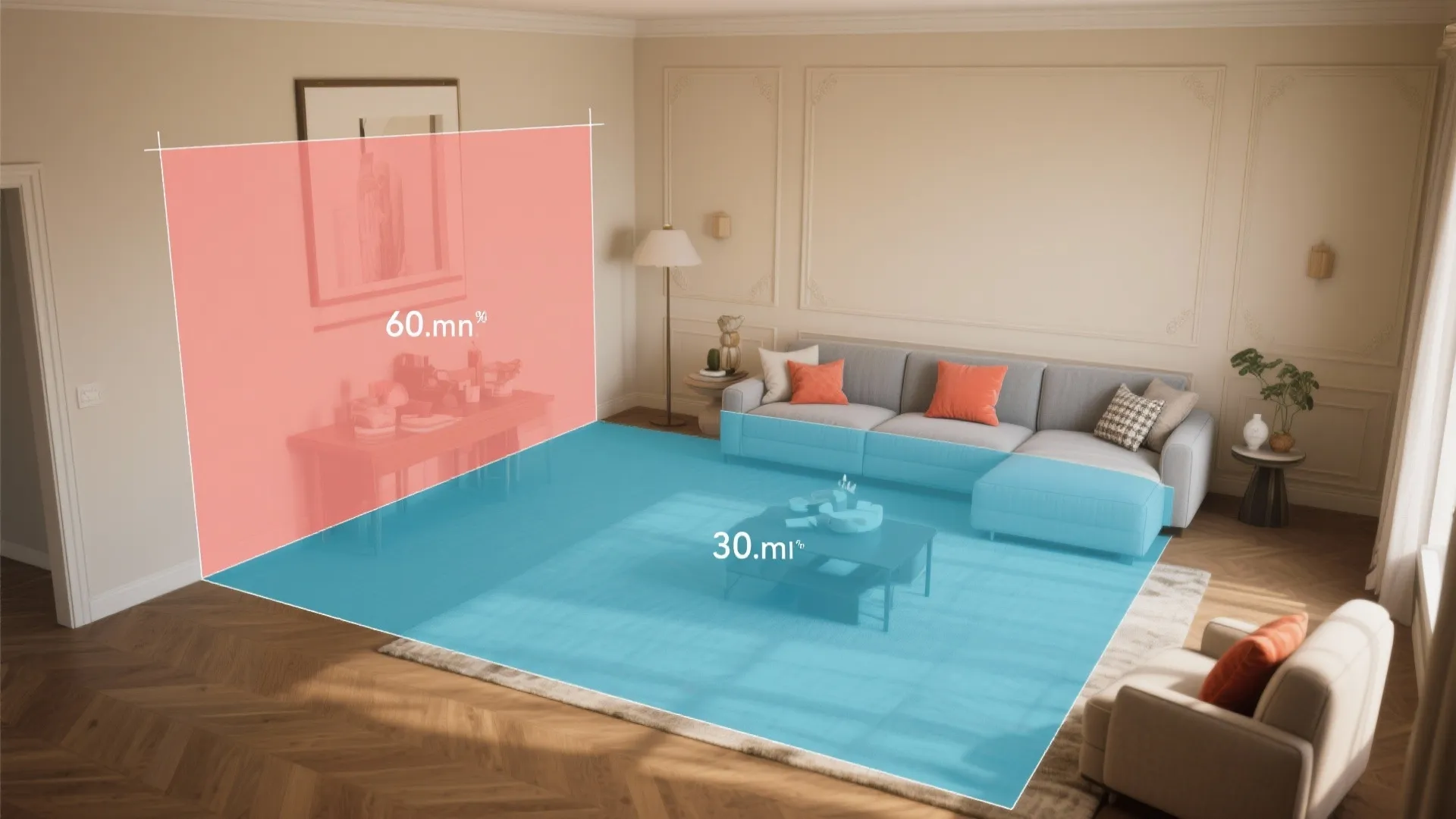 Living room interior design with color rule overlay showing pink and blue sections for layout