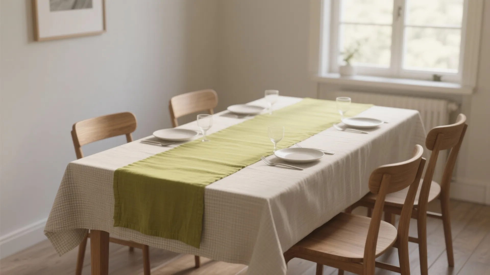 Dining room table with white cloth green runner wooden chairs and white plates near window