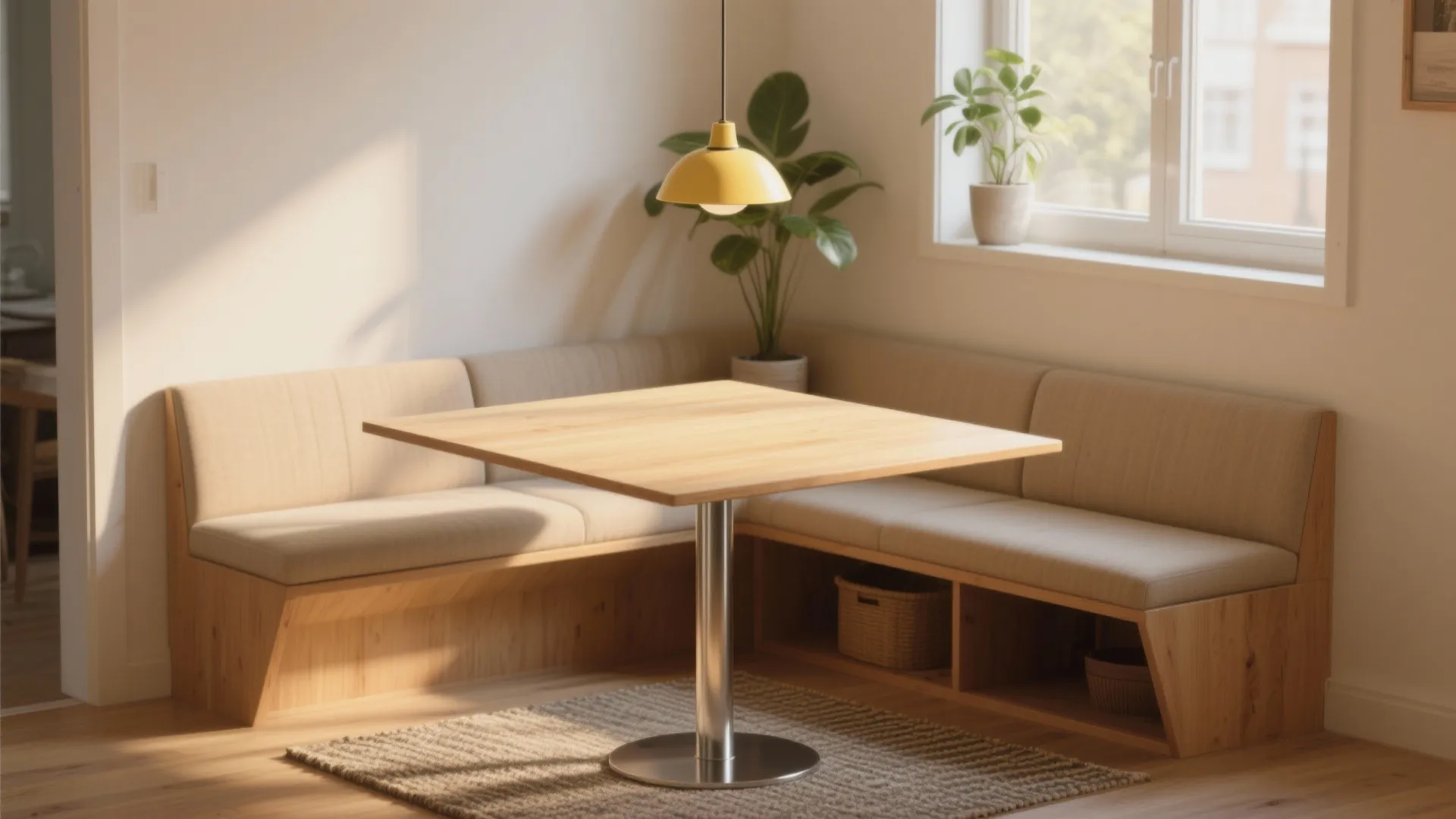 Modern dining area with wooden table, l-shaped sofa seating, yellow ceiling light, and potted plants