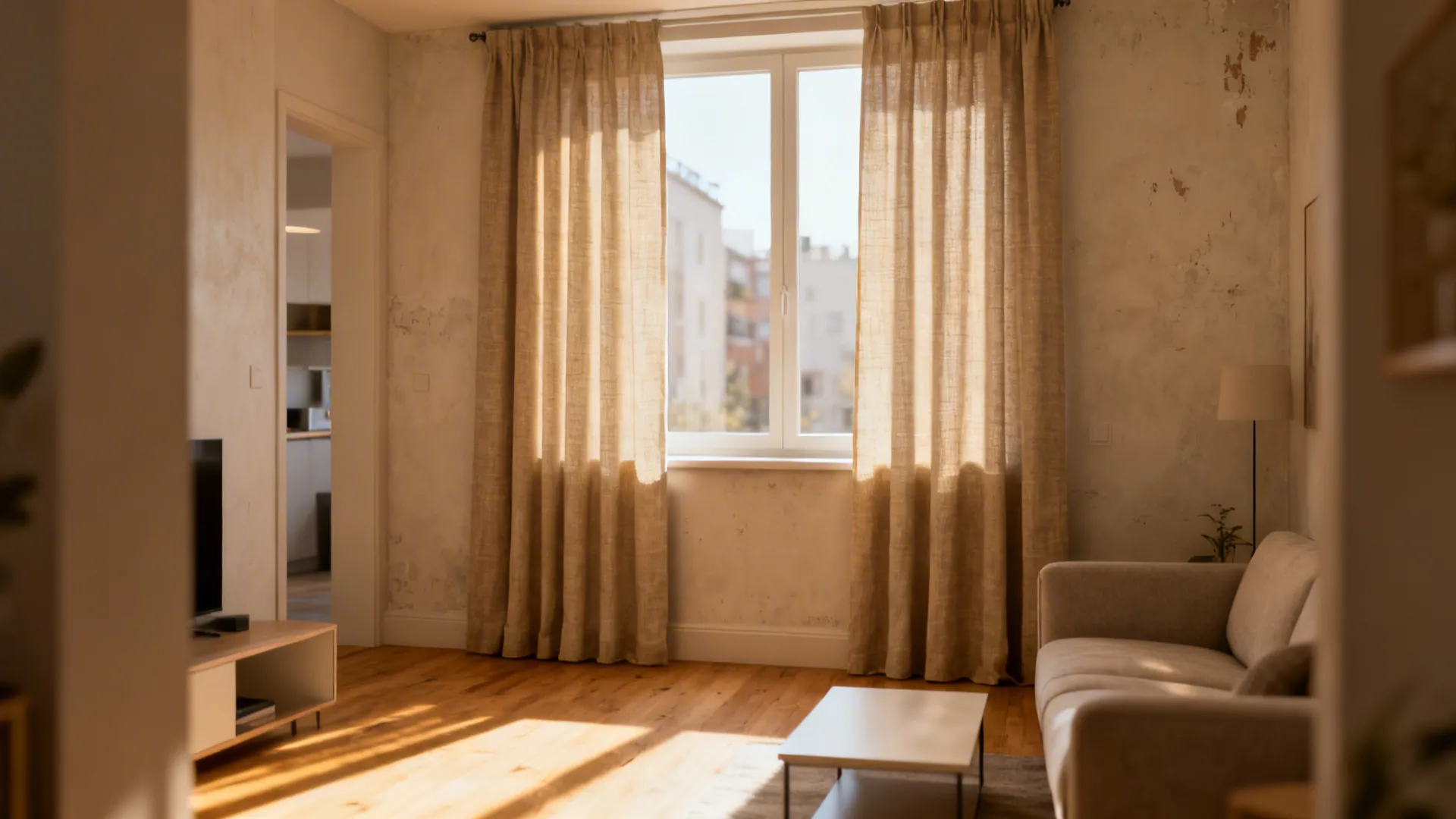 Living room with beige curtains on window and sunlight hitting the wooden floor near sofa