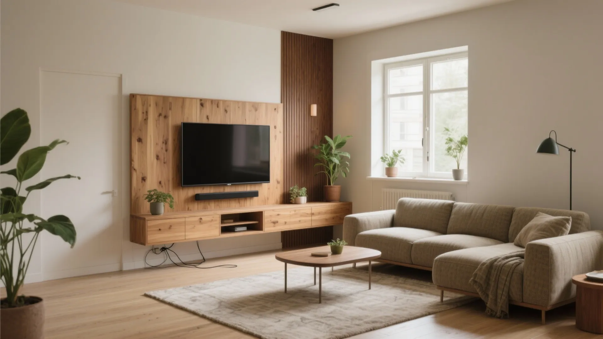 Modern living room with wooden TV wall cabinet grey sofa coffee table rug and green plants