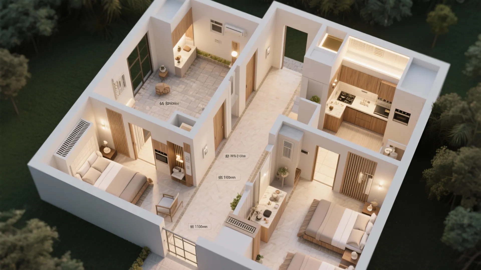 Top-down layout cues for a 6 BHK showing wide corridors, zones, light well, and storage nodes.