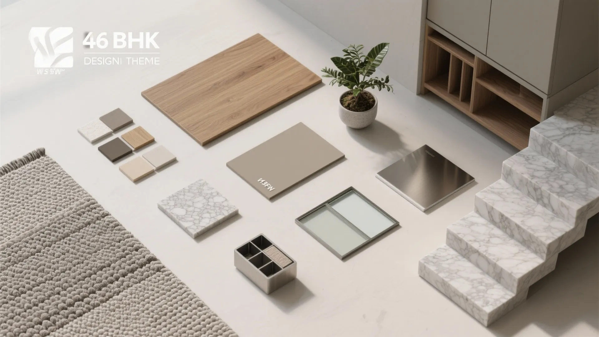Flat lay of wood, stone, metal, glazing, and textile samples reflecting the 6 BHK theme.