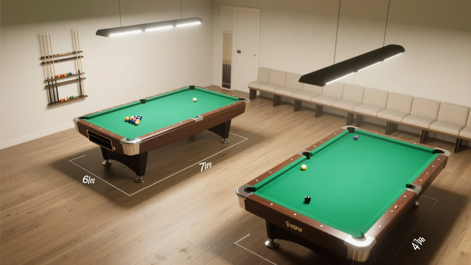 Two pool tables in different sizes shown side by side in a large game room area