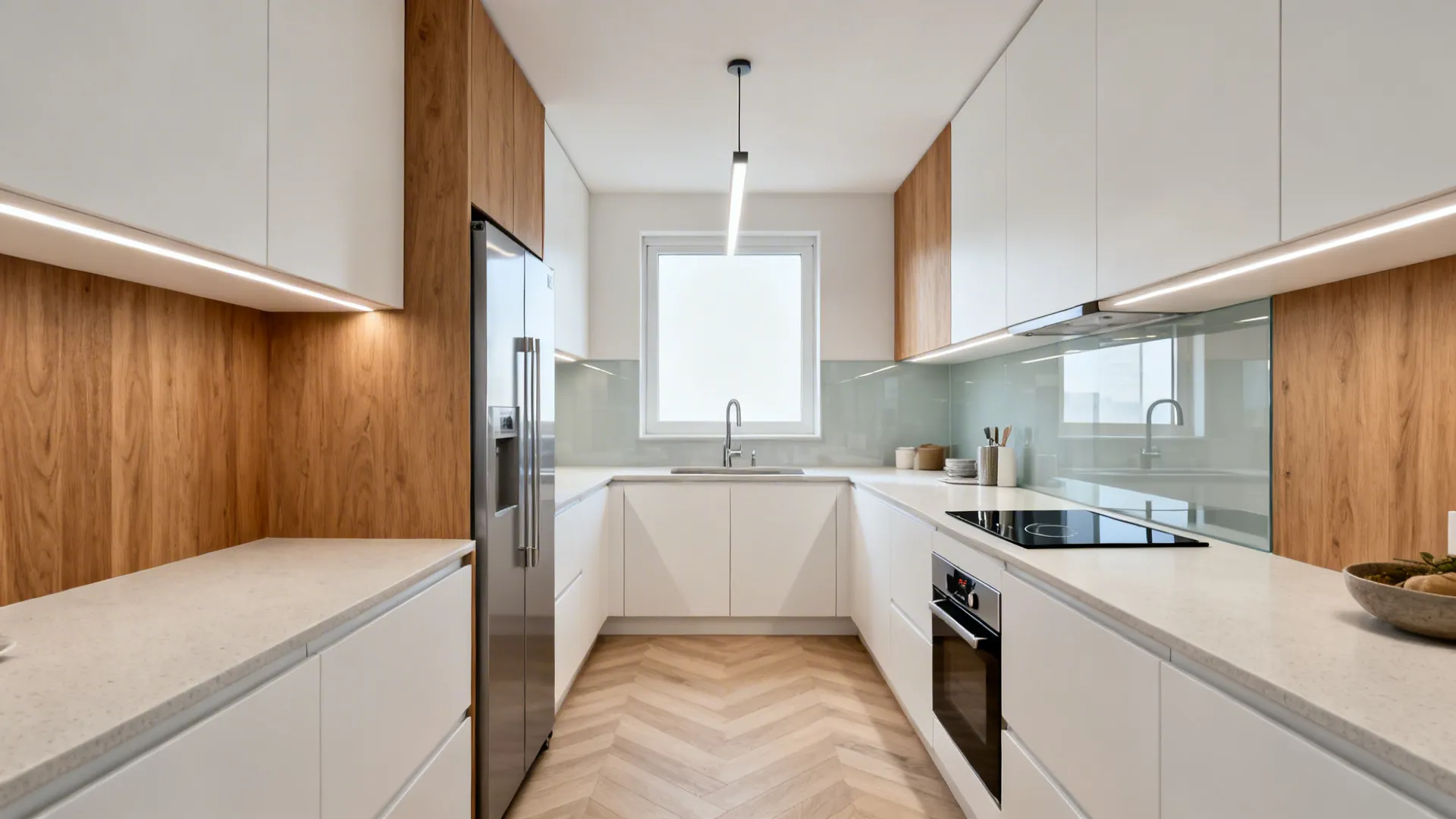Modern white kitchen with wooden accents wood pattern floor large fridge and sink near window