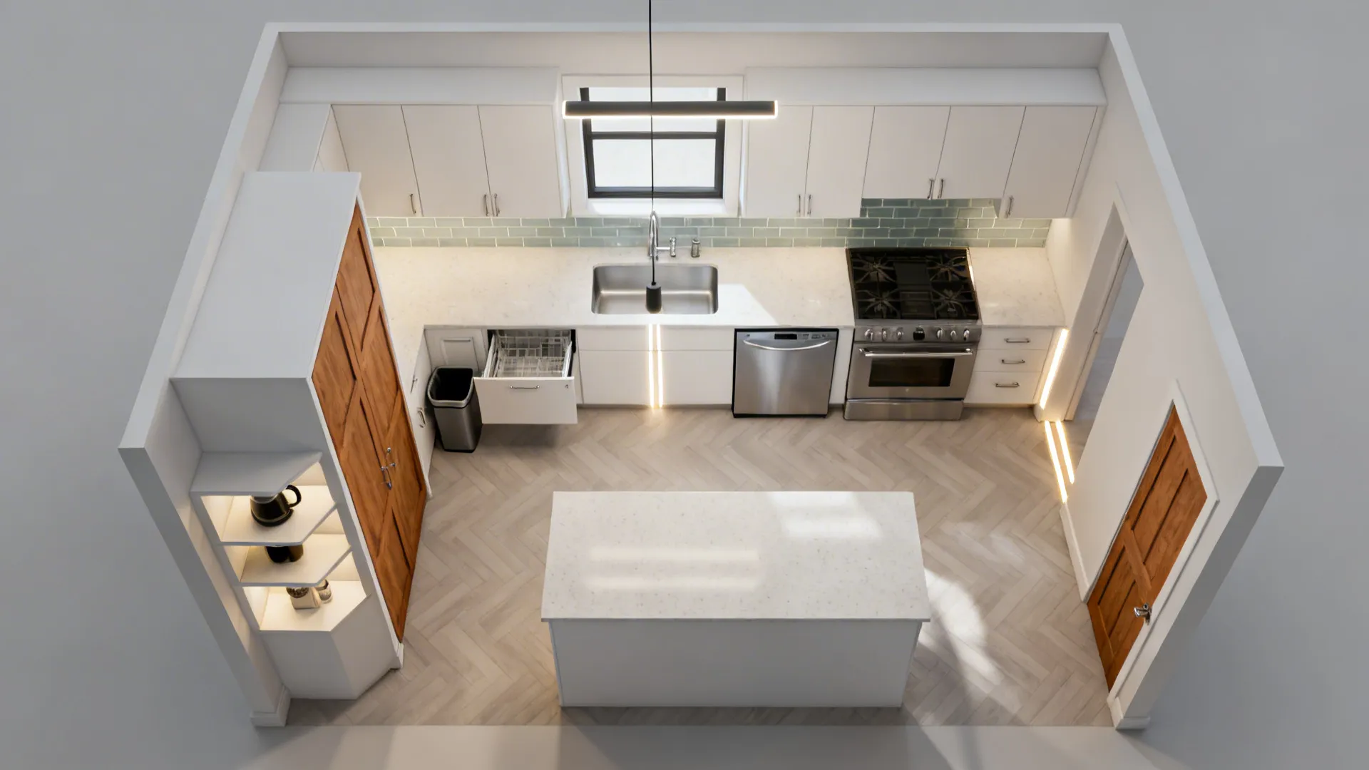 Top-down kitchen view with white cabinets wood doors an island and a long ceiling light